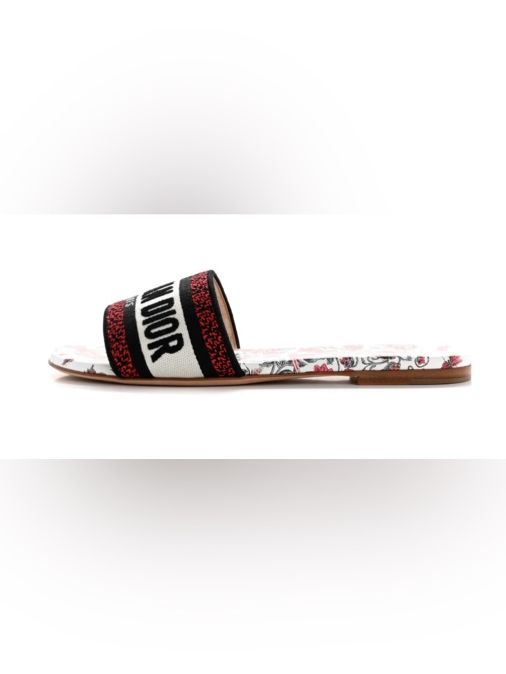 Dior White Slide Sandals with Red Floral Print and Black Logo Strap - Picture 2 of 9
